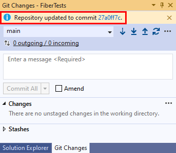 Capture d’écran du message de confirmation de tirage dans la fenêtre Modifications Git dans Visual Studio 2019.