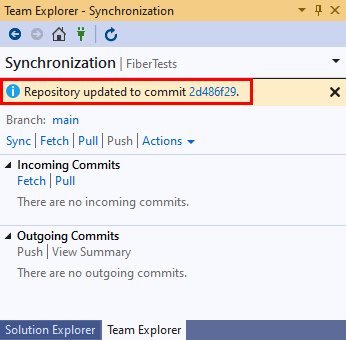 Capture d’écran du message de confirmation d’extraction dans la vue Synchronisation de Team Explorer dans Visual Studio 2019.