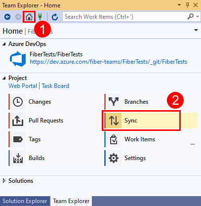 Capture d’écran de l’option Synchroniser dans Team Explorer dans Visual Studio 2019.