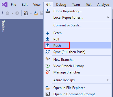 Capture d’écran de l’option Push à partir du menu Git dans Visual Studio.