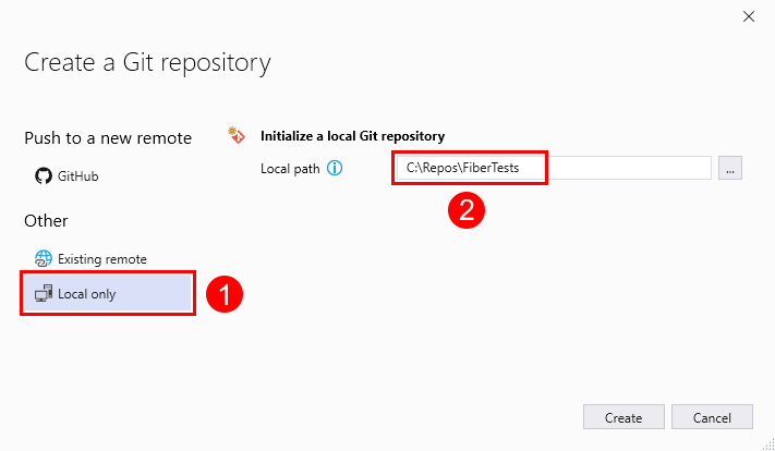 Capture d’écran de la fenêtre «&nbsp;Créer un référentiel Git&nbsp;» avec l’option «&nbsp;Local uniquement&nbsp;» sélectionnée dans Visual Studio&nbsp;2019.