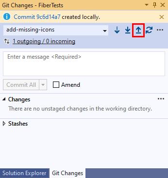 Capture d’écran du bouton d’envoi (push) de flèche vers le haut dans la fenêtre «&nbsp;Modifications Git&nbsp;» de Visual Studio.