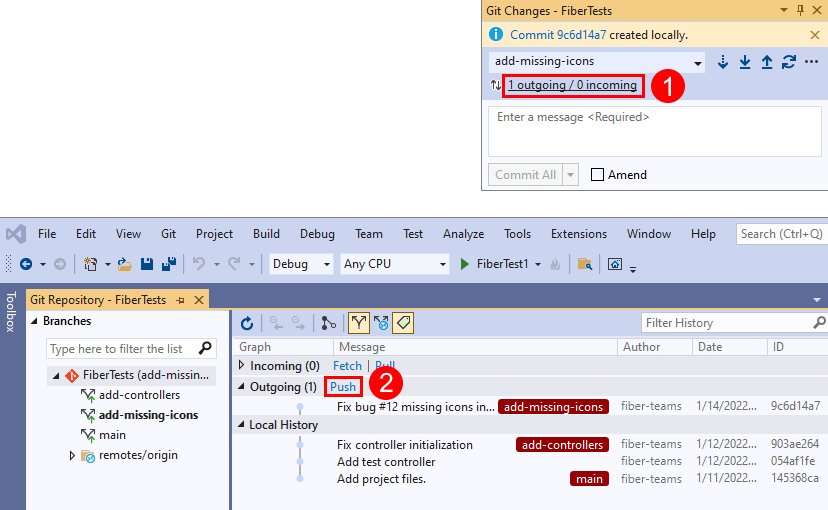 Capture d’écran du lien «&nbsp;sortant / entrant&nbsp;» dans la fenêtre «&nbsp;Modifications Git&nbsp;» et du lien Envoyer (push) dans la fenêtre «&nbsp;Référentiel Git&nbsp;» de Visual Studio.