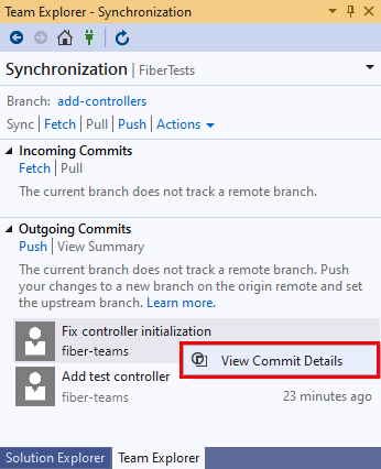 Capture d’écran d’une validation dans l’affichage Synchronisation de Team Explorer dans Visual Studio&nbsp;2019.