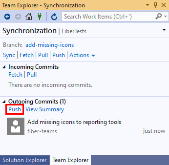 Capture d’écran du lien Envoyer (push) dans l’affichage Synchronisation de Team Explorer dans Visual Studio&nbsp;2019.