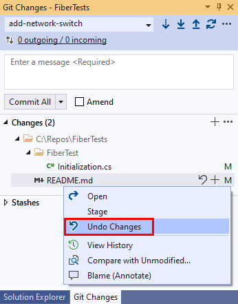 Capture d’écran des options du menu contextuel pour les fichiers modifiés dans Visual Studio.