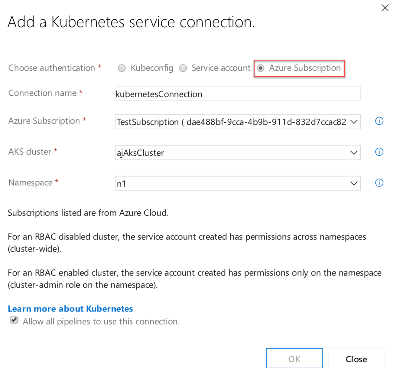 Capture d’écran de la boîte de dialogue Ajouter une connexion de service Kubernetes avec l’option Abonnement Azure mise en évidence.