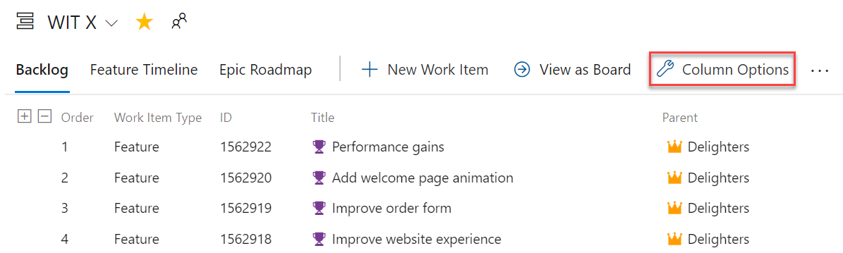 Capture d’écran d’un backlog avec l'option 'Options de colonne' mise en évidence.