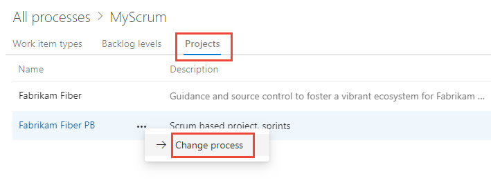 Capture d’écran de l’onglet Projets avec l’option Modifier le processus appelé.