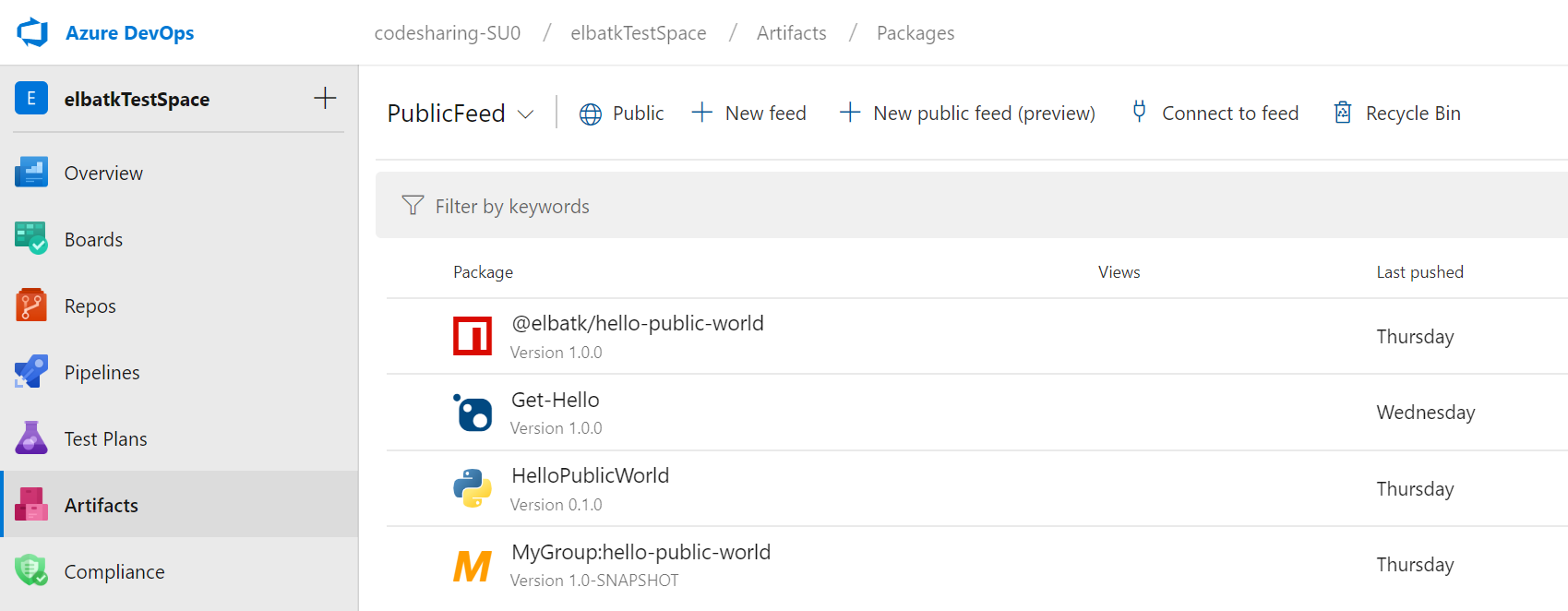 Capture d’écran montrant la page PublicFeed de vos packages.