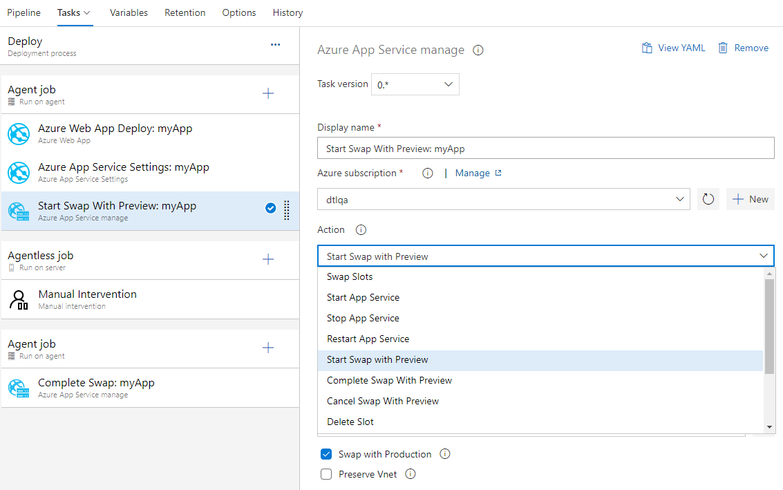 Capture d’écran montrant la boîte de dialogue Gérer Azure App Service avec le nouveau paramètre d’échange multiphase dans la liste déroulante Action.