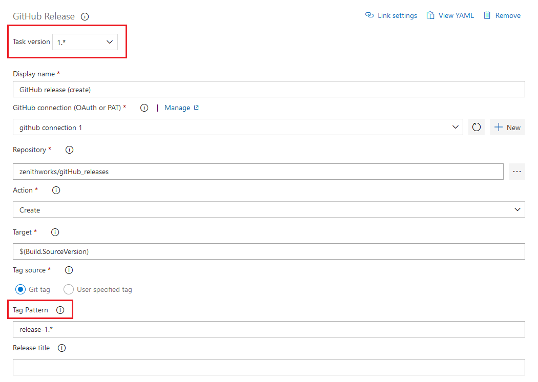 Capture d’écran montrant la tâche de version GitHub avec les sections Version de tâche et Motif de balise indiquées.