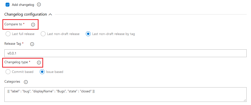 Capture d’écran montrant la tâche de publication GitHub avec les sections Comparer à et Type de changelog mises en surbrillance.