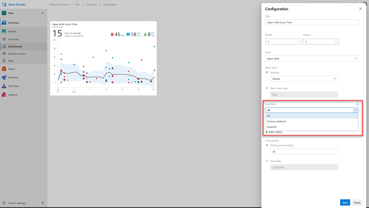 Capture d’écran montrant la boîte de dialogue Configuration avec la section Swimlane appelée.