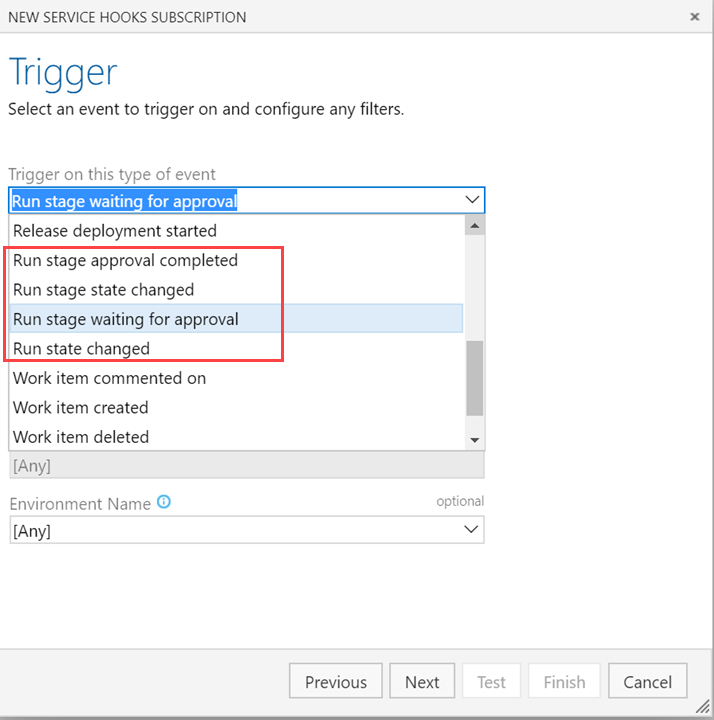 Capture d’écran de l’Assistant NOUVEL ABONNEMENT SERVICE HOOKS montrant le déclencheur sur ce type de liste déroulante d’événements avec les options d’étape d’exécution appelées.