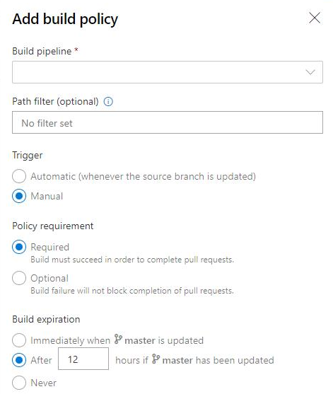 Capture d’écran de la boîte de dialogue Ajouter une stratégie de build avec la section Expiration de build.
