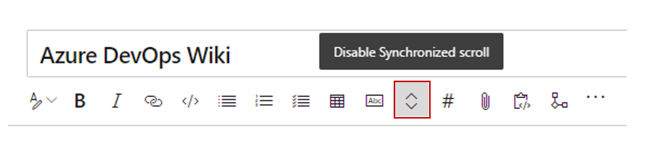 Capture d’écran de la barre d’outils wiki avec l’icône de défilement synchrone indiquée et le bouton bascule 