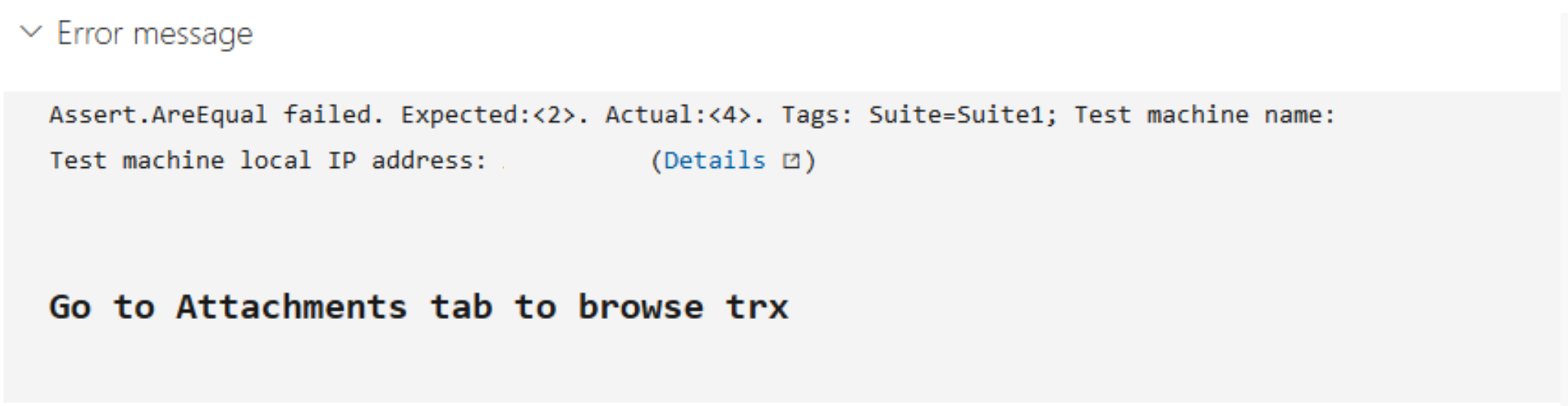 Capture d’écran montrant la prise en charge de Markdown dans les messages d’erreur de test automatisés.