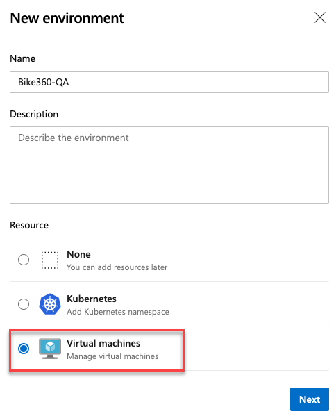 Capture d’écran de la boîte de dialogue Nouvel environnement avec l’option Machines virtuelles sélectionnée et appelée.