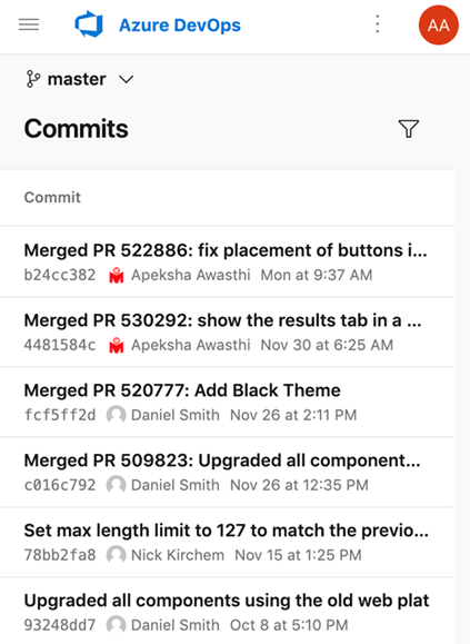 Capture d’écran de la page des Commits de conversion de la plateforme mobile.