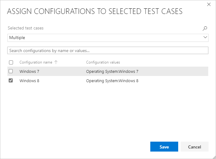 Capture d’écran de la sélection de configurations pour un cas de test.