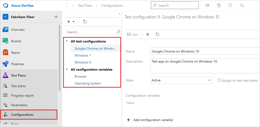 Capture d’écran de la page Configurations montrant les configurations de test et les variables.