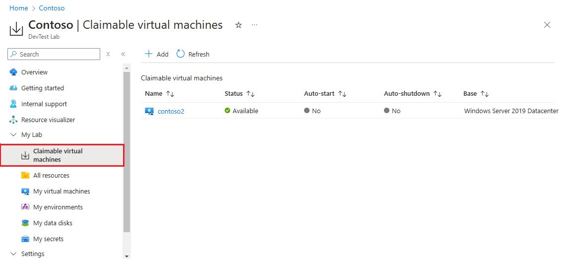 Capture d’écran de la page Machines virtuelles pouvant être revendiquées dans le labo.