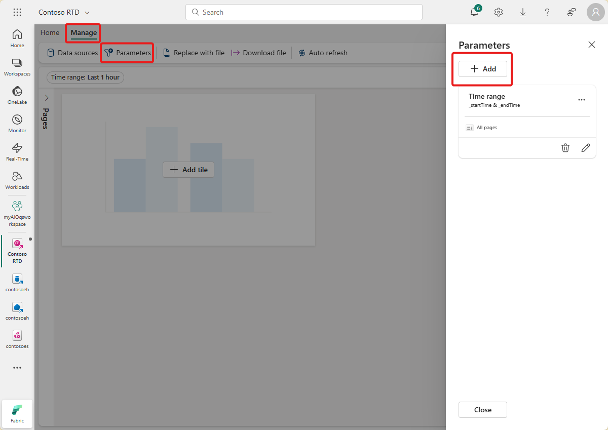 Capture d’écran montrant l’ajout d’un paramètre à un tableau de bord.