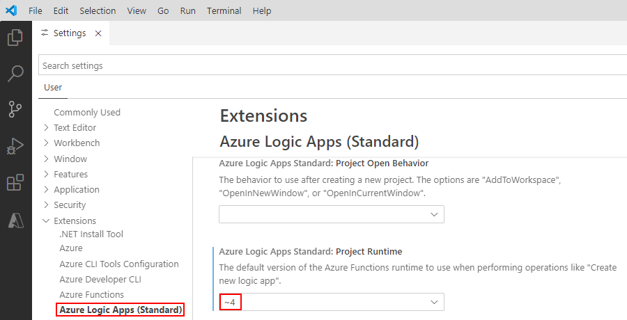 Capture d’écran montrant les paramètres de Visual Studio Code pour l’extension Azure Logic Apps (Standard).