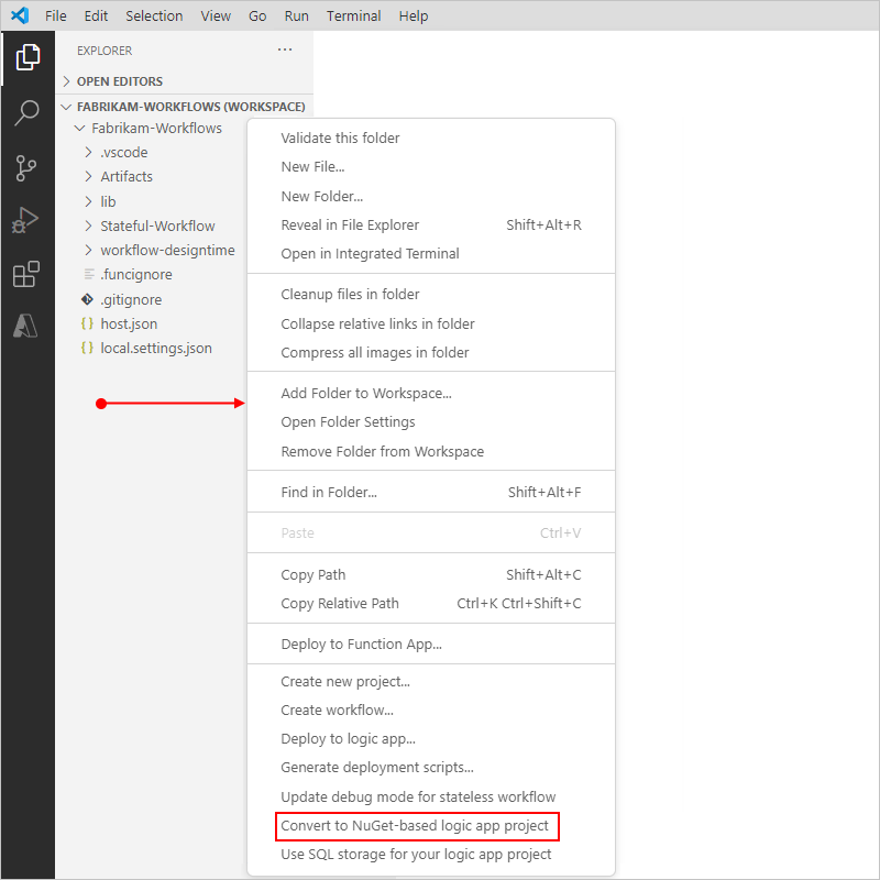 Capture d’écran montrant le volet Explorateur avec le menu contextuel du projet ouvert à partir d’une zone vide sous le projet.