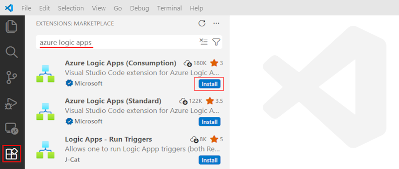 Capture d’écran montrant comment rechercher et installer l’extension Consommation d’Azure Logic Apps dans Visual Studio Marketplace.
