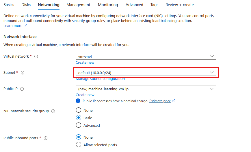 Capture d’écran de l’onglet réseau de la machine virtuelle.
