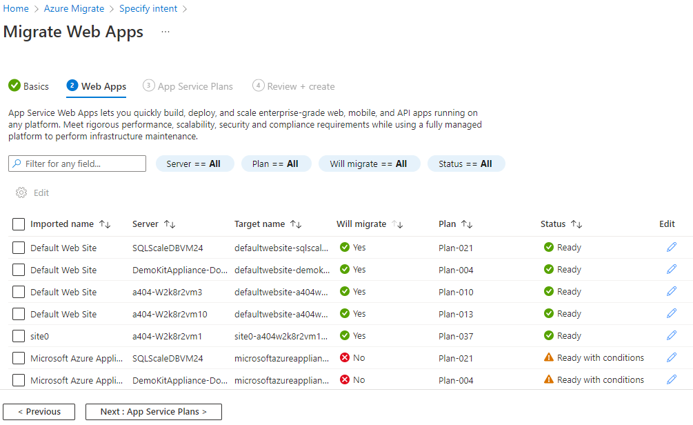 Capture d’écran de l’écran Azure Migrate Web Apps.