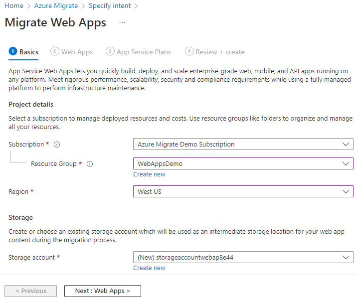 Capture d’écran de l’écran Principes de base d’Azure Migrate Web Apps.