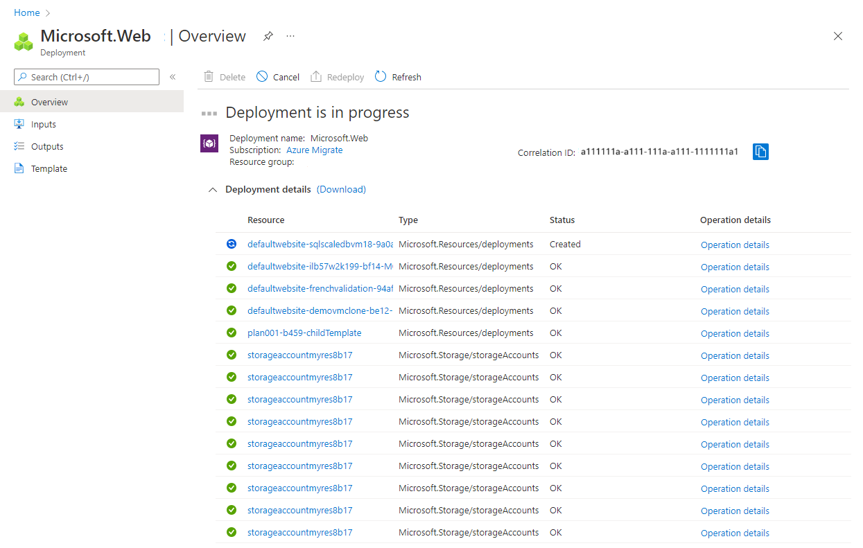 Capture d’écran du déploiement d’Azure Migrate.