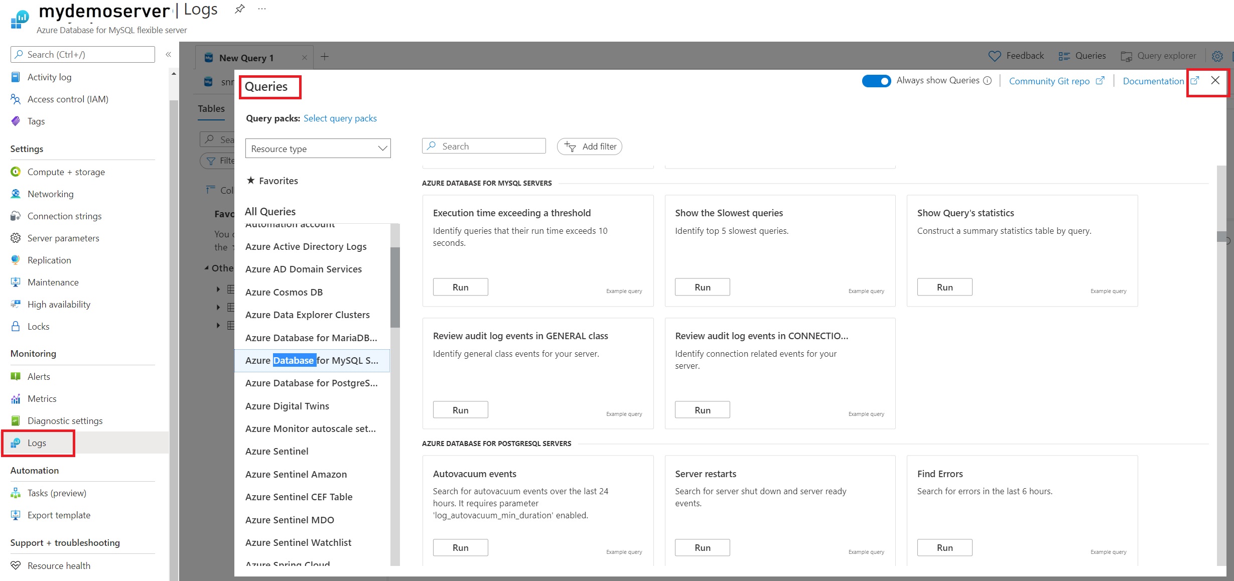 Capture d’écran du volet «&nbsp;Requêtes&nbsp;» de Log Analytics.