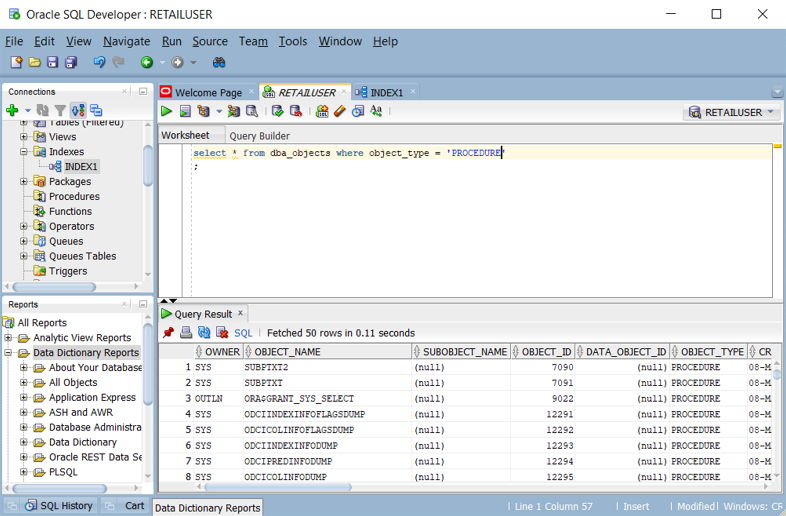 Capture d’écran montrant l’interrogation d’une liste de procédures stockées dans Oracle SQL Developer.