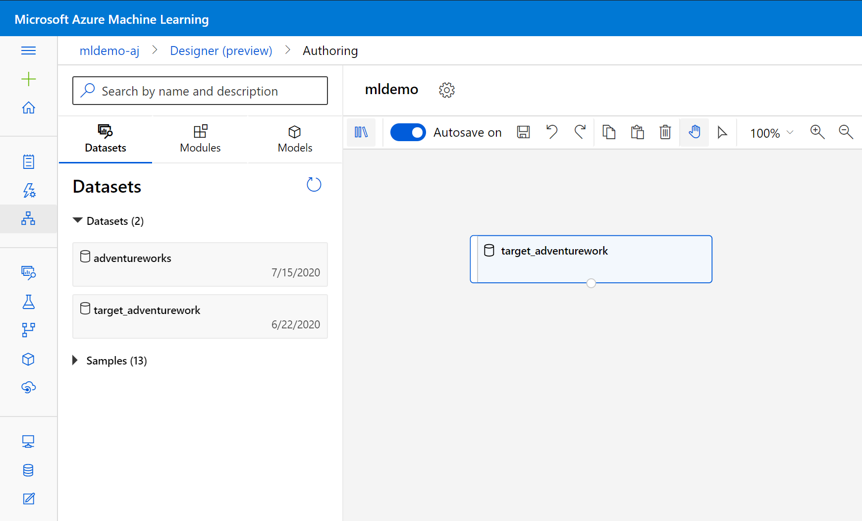 Capture d’écran du composant jeu de données sur le canevas.