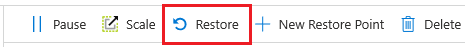 Capture d'écran du portail Azure, de la barre de navigation de la vue d'ensemble d’un pool SQL, avec le bouton 'Restaurer' en surbrillance.