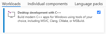 Capture d’écran de Visual Studio Installer avec l’onglet Charges de travail sélectionné. Le développement de bureau avec c++ est sélectionné.