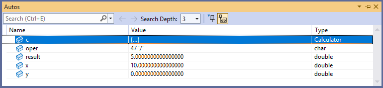 Capture d’écran de la fenêtre Autos du débogueur Visual Studio.