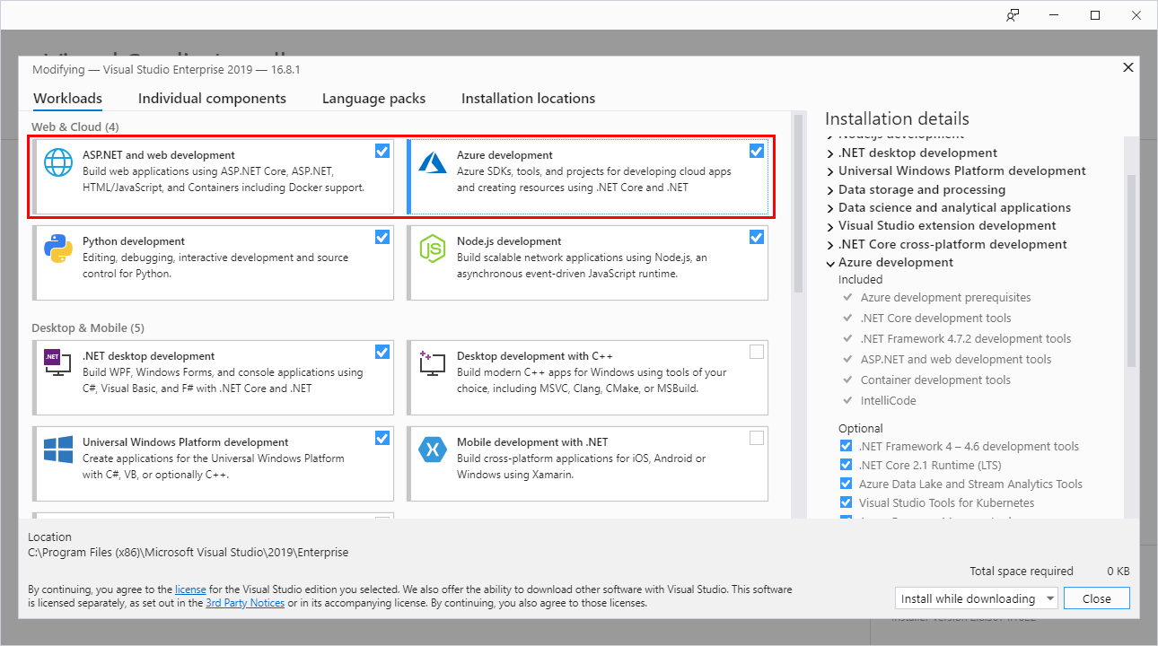 Capture d’écran du programme d’installation de Visual Studio montrant les charges de travail de développement et ASP.NET de développement web Azure sélectionnées