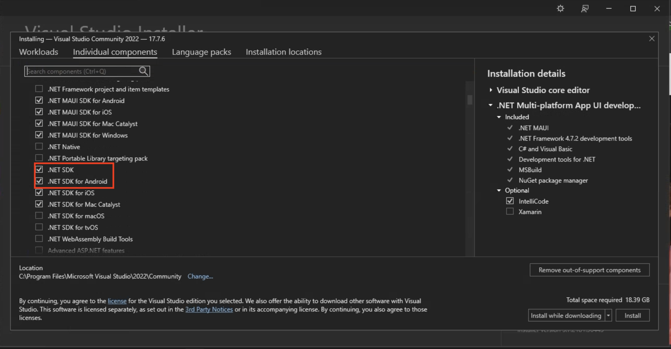 Sélectionner le composant .NET pour android SDK