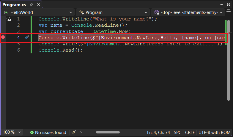 Visual Studio avec un point d’arrêt défini