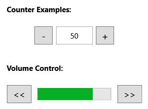 Deux contrôles RepeatButton illustrant le positionnement classique à la fin d’une zone de texte de compteur.