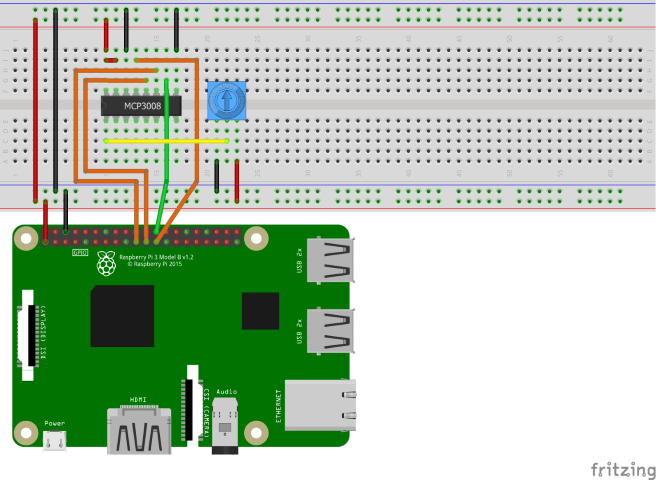 Diagramme Fritzing montrant un circuit avec un MCP3008 ADC et un potentiomètre