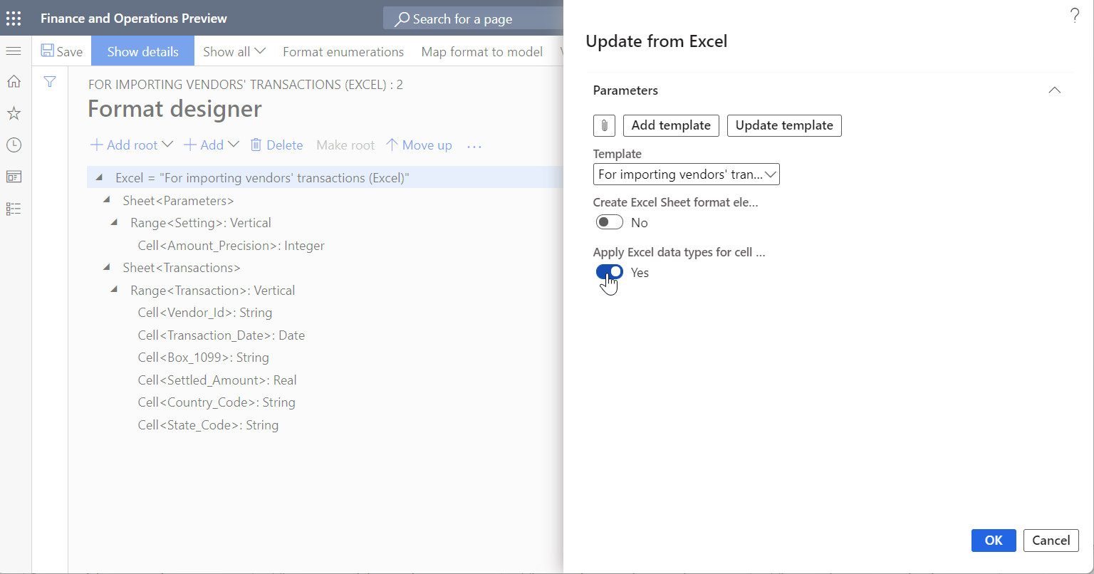 Screenshot of setting the Apply Excel data types for cell components option to Yes for ER template import in the Update from Excel dialog box.