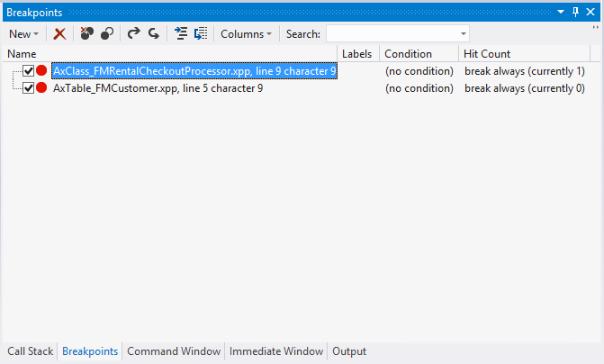Screenshot of the Breakpoints window listing all breakpoints that have been set.