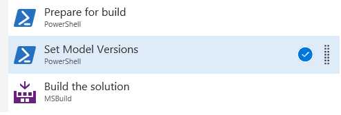 Screenshot of task order showing Set Model Versions between Prepare for build and Build the solution.