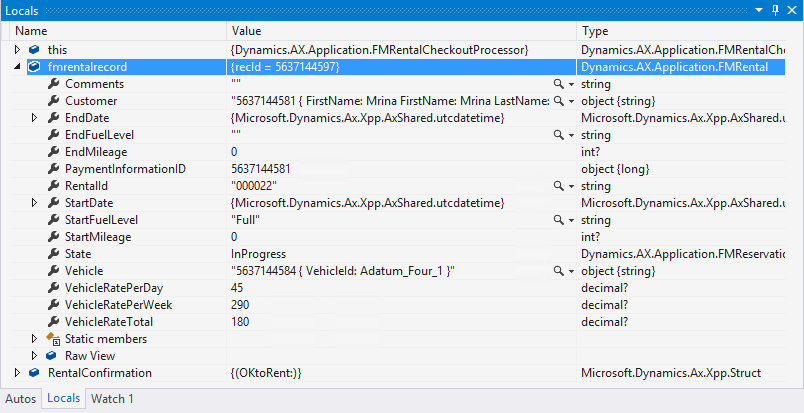 Screenshot of the Locals window showing the internal state of the fmrentalrecord variable.